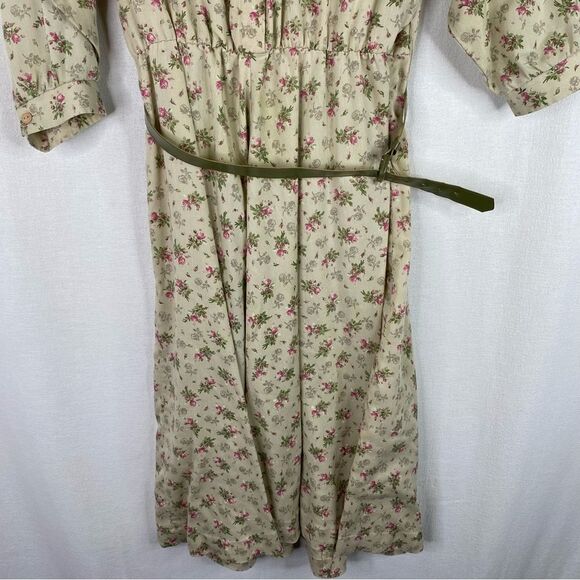 Reo Vintage Green Khaki Floral Half Button Down Dress Belt Pockets 14 - Picture 4 of 14